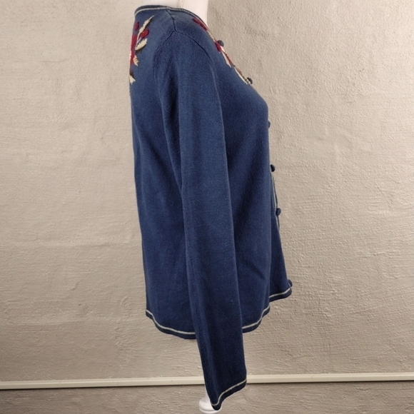 Christopher & Banks Hand Embroidered Poinsettia Blue Button Up Cardigan Sweater - Picture 7 of 13